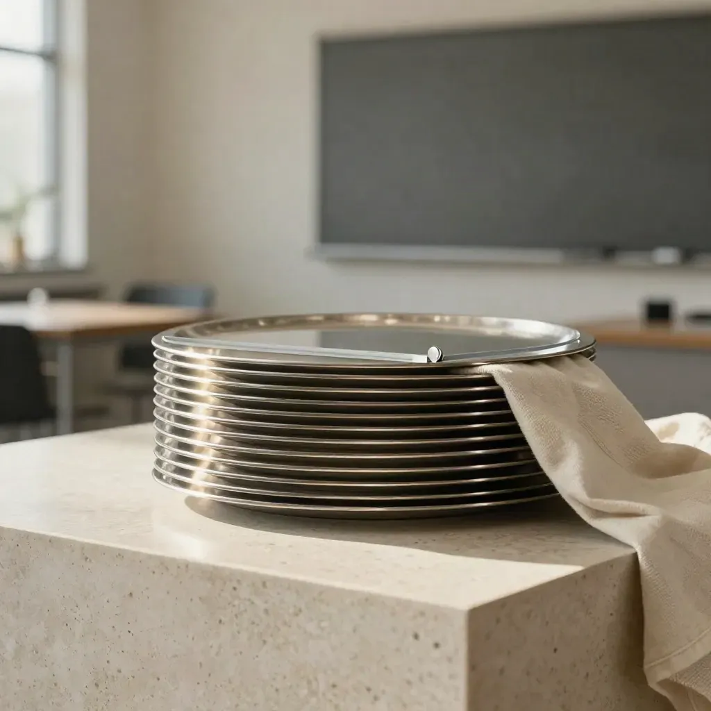 Modular risk model stack on a travertine plinth with linen and silver highlights