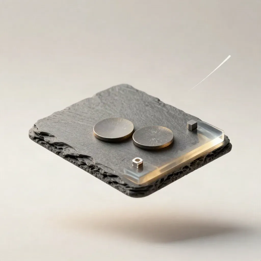 Slate data pack with resin core and companion chips floating on an off-white field