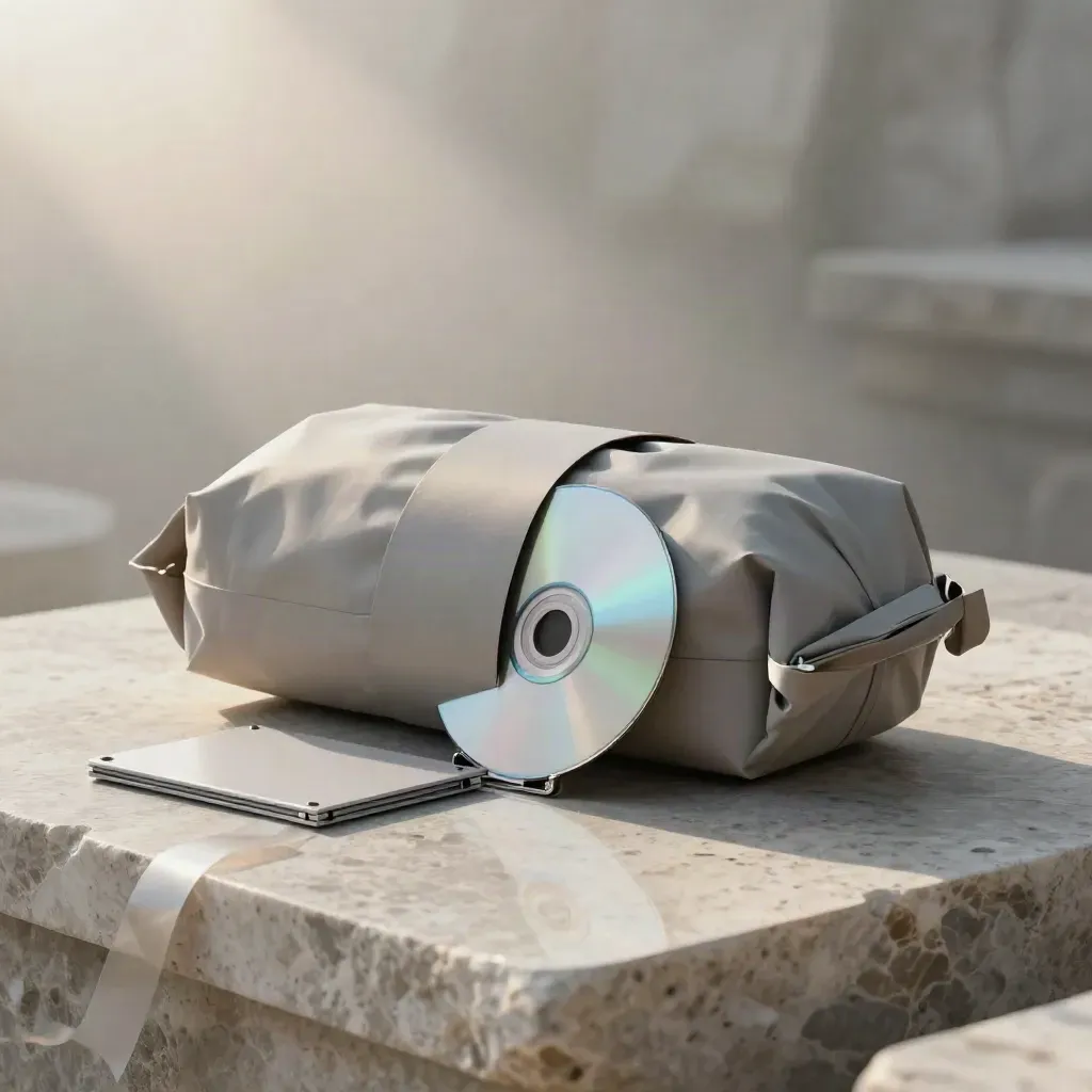 Sealed research pack with disc and model tile on pale stone in dramatic studio light