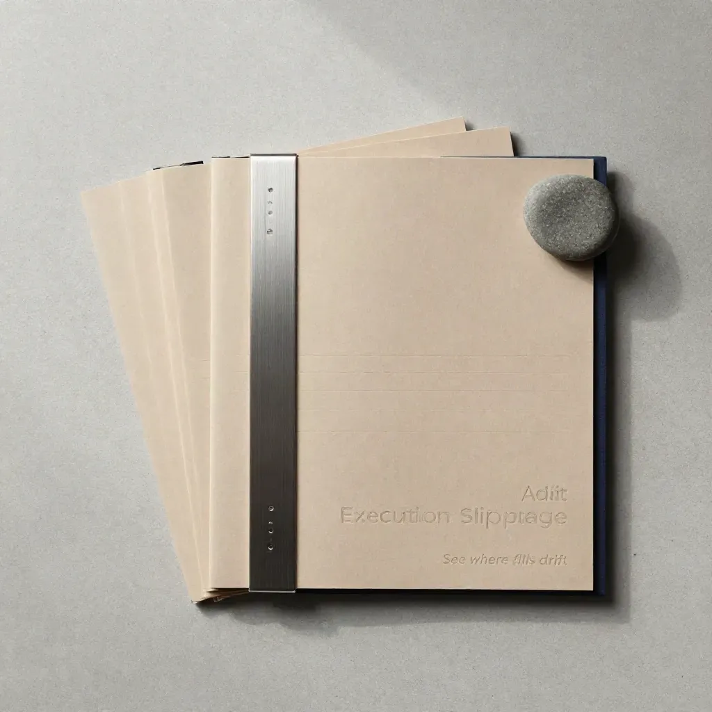 Overhead flatlay of an execution slippage audit folio with tabs and a weight on pale concrete.