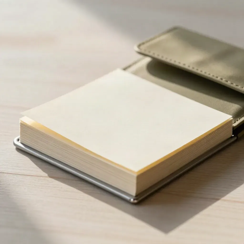 Memo deck, silver clip, and folded sleeve on pale ash wood in soft light.