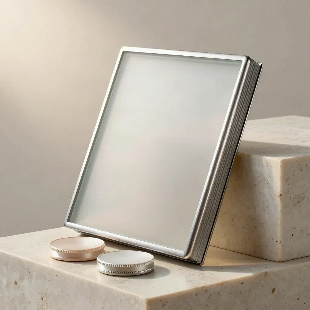 Frosted glass panel stack against travertine with two fabric-nested pucks.