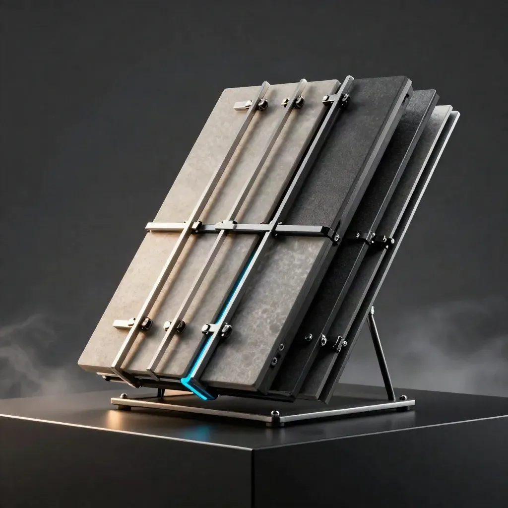Low-angle signal generator kit of ceramic tiles and cyan-edged rails on matte black.