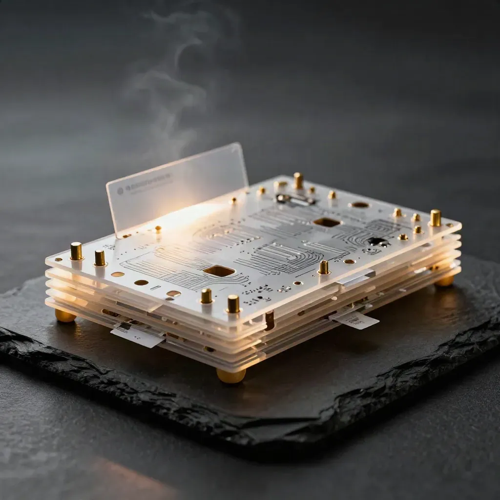 Layered translucent futures routing board with brass pins in dramatic studio light