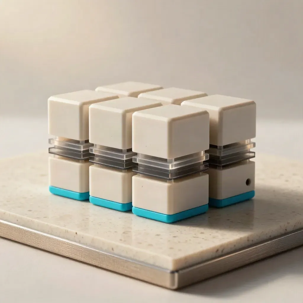Stacked signal modules with cyan edge band on travertine, lit like a premium fintech product hero.