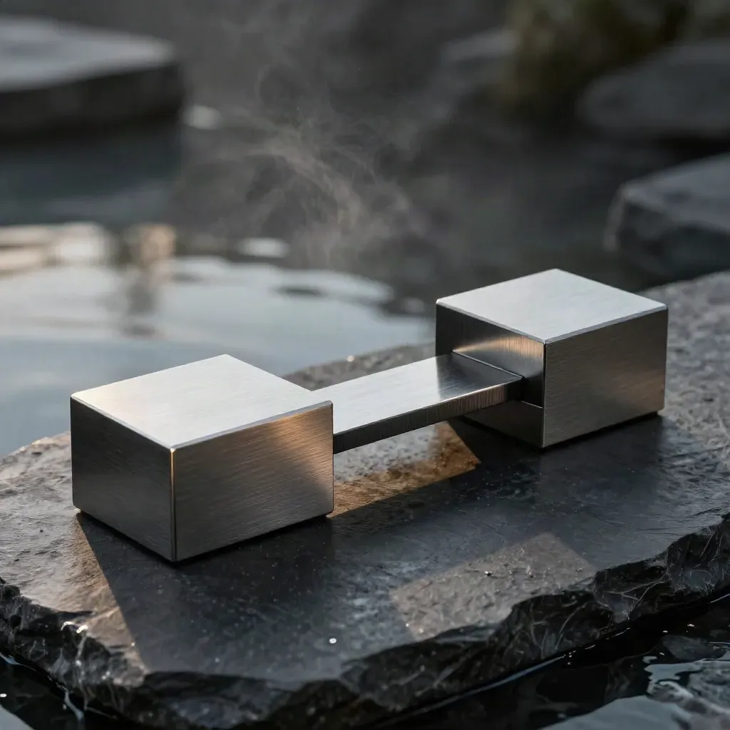 Mirrored trading modules linked by a bridge, offset block, on matte-black surface with cool rim light.