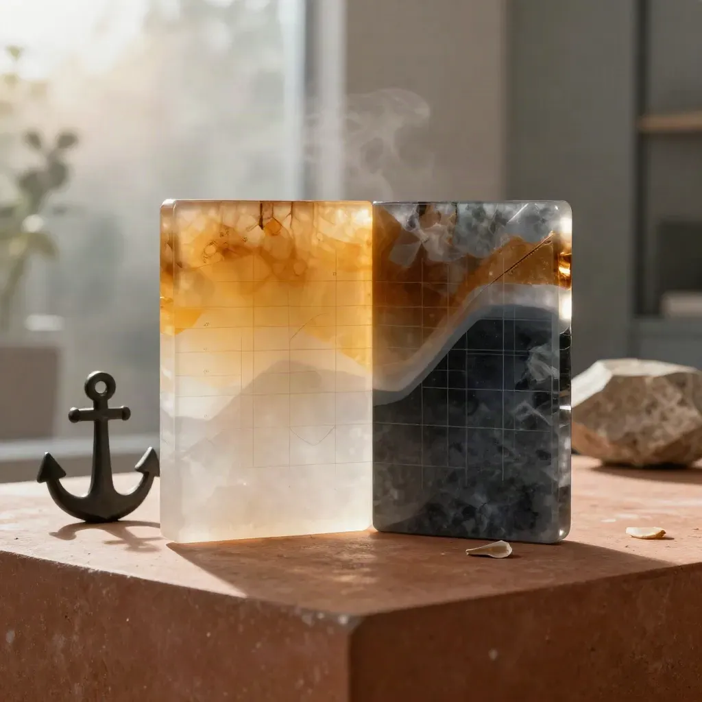 Translucent risk heat map panel glowing on a terracotta plinth with mist and a small anchor block.