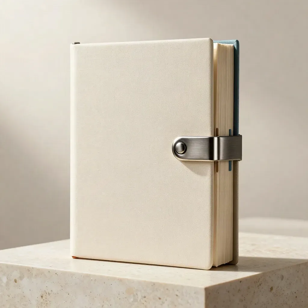 Blank-bound trade journal monolith with metal clasp and two companion blocks on travertine.