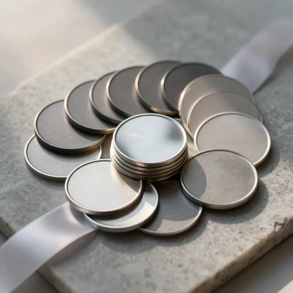 Overhead flatlay of circular signal tokens, nested sleeves and satin strip on pale stone.