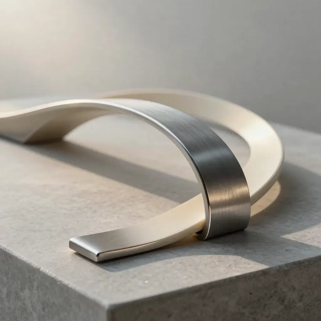 Curved metal futures-curve kit arcs across a stone surface in soft mist and raking light.