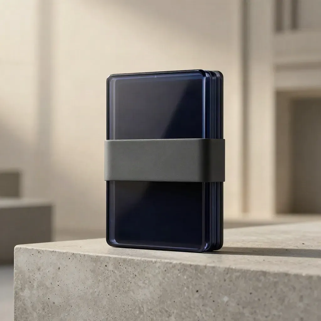 Premium finance modules and a translucent tab on dark stone, lit as a hero product.
