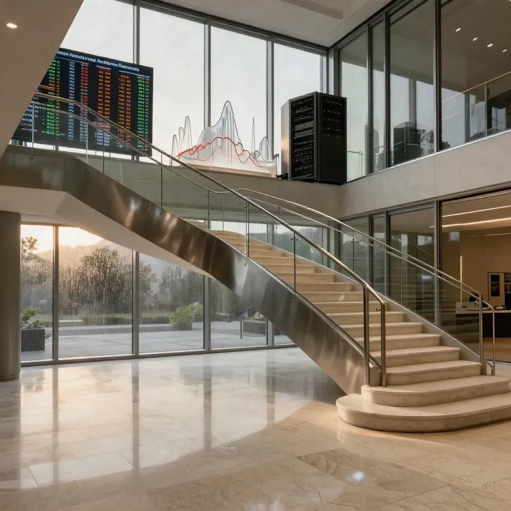 Glass atrium with curved stair and soft finance displays above a calm marble floor.
