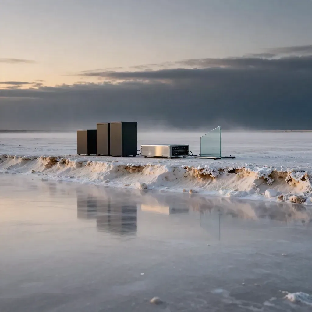 Salt flat at dusk with server modules on ridges and a calm pale horizon