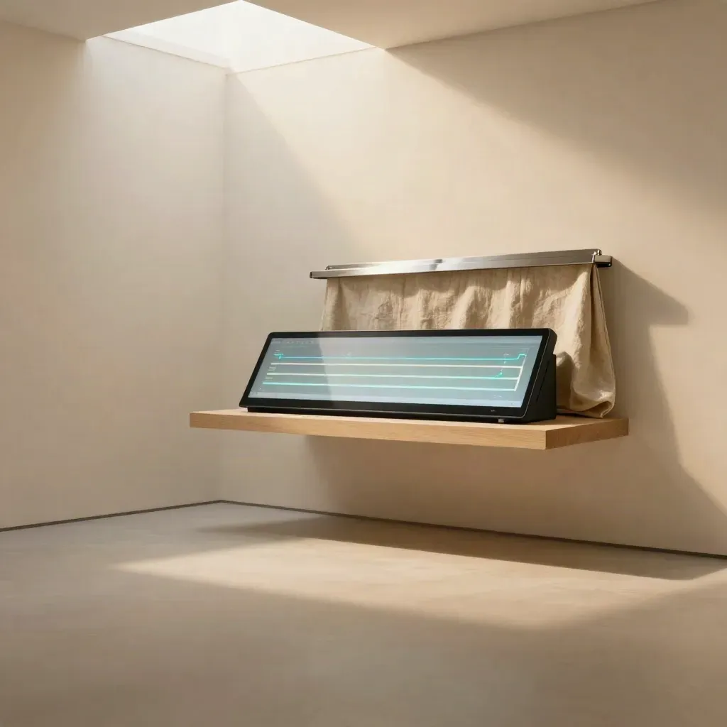 Warm plaster gallery with a glowing analytics terminal above a calm timber floor, soft evening light.